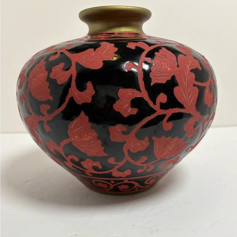 Vintage Hand Enameled Black on Red Floral Porcelain Round Decorarive Vase